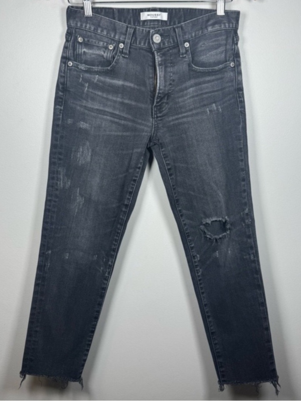 Moussy Vintage Japan Washed Charcoal Distressed Cropped Raw Hem Jeans 26